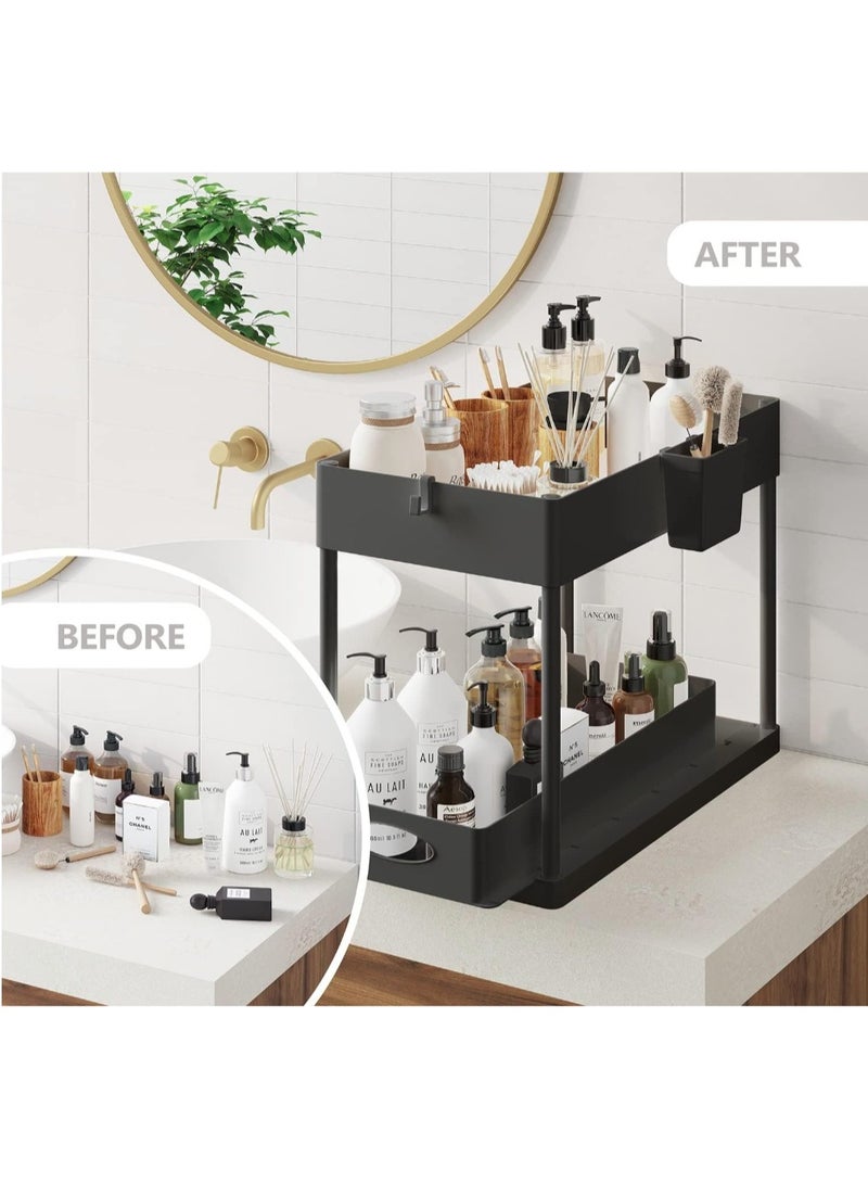 eBasket (2 pieces) Multi-purpose organizers under the sink storage units - 2-tier sliding shelf organizer for bathroom and kitchen with hooks and hanging cups, under-sink storage rack for home (black) - Image 5